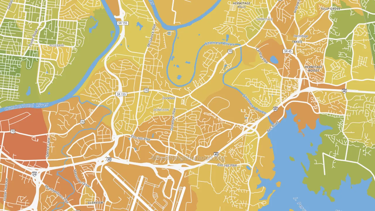 Map of the best neighborhoods in the 37214 area, with better matches in green and worse matches in red