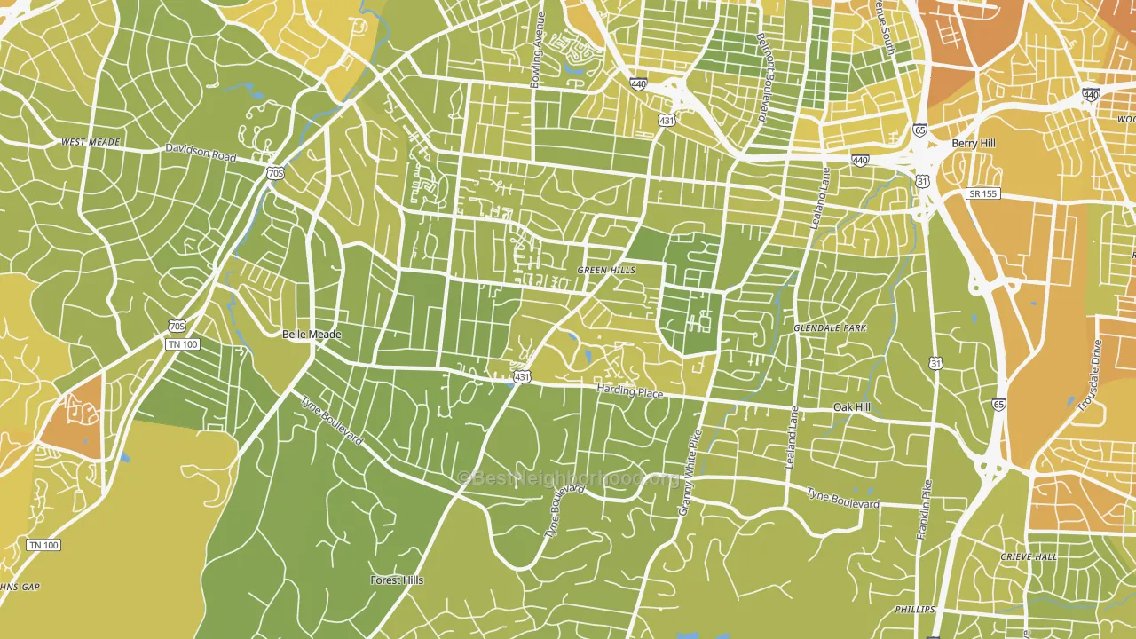 Map of the best neighborhoods in the 37215 area, with better matches in green and worse matches in red