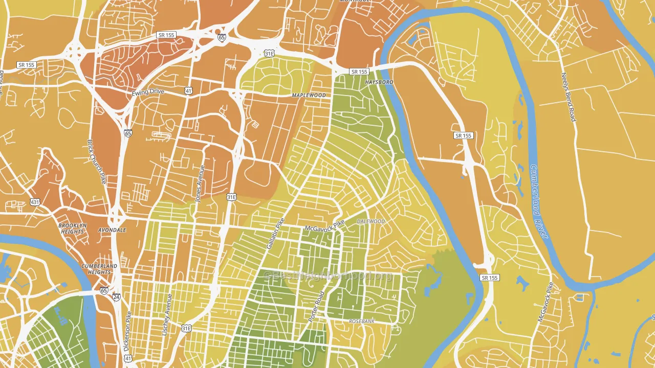 Map of the best neighborhoods in the 37216 area, with better matches in green and worse matches in red