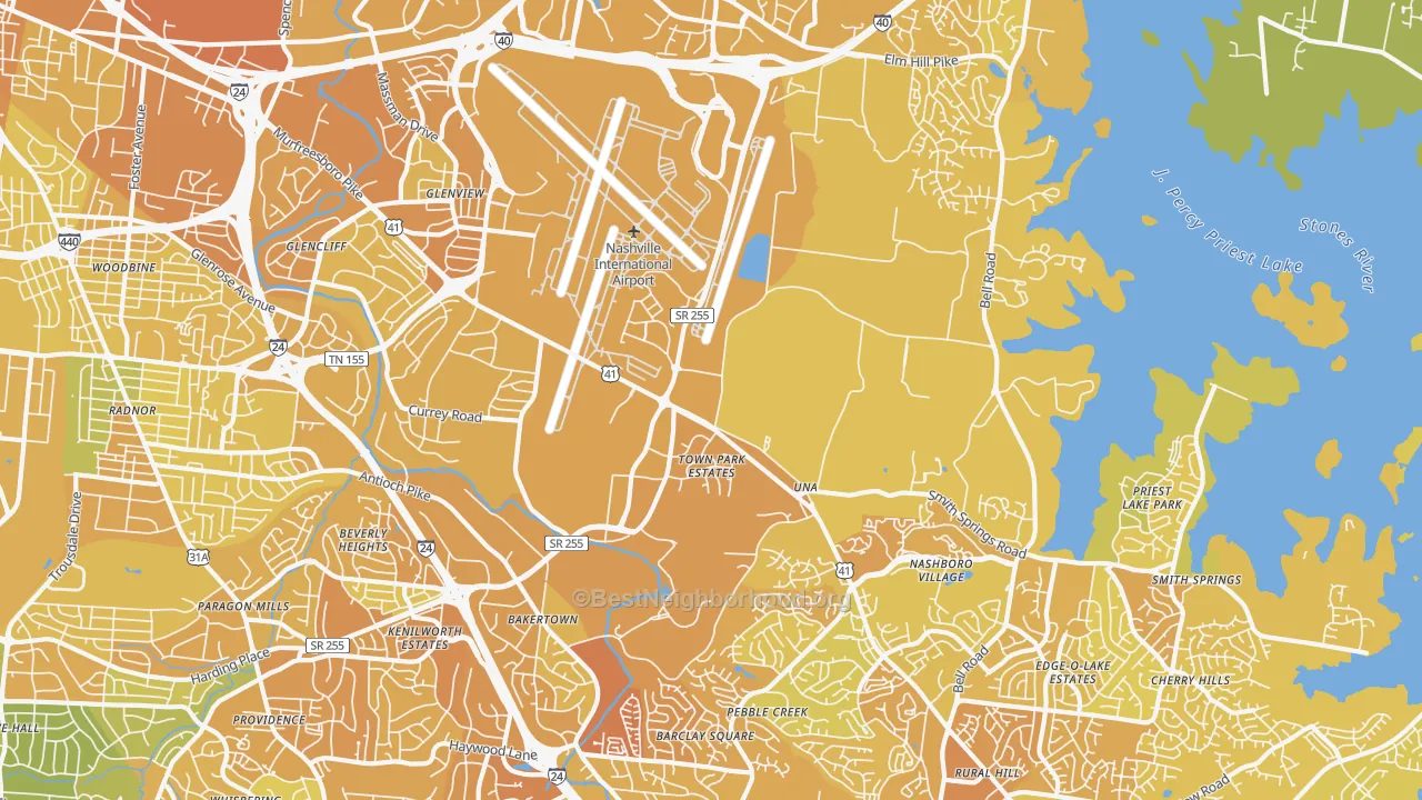 Map of the best neighborhoods in the 37217 area, with better matches in green and worse matches in red