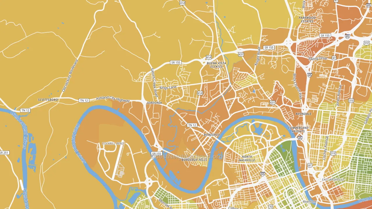 Map of the best neighborhoods in the 37218 area, with better matches in green and worse matches in red