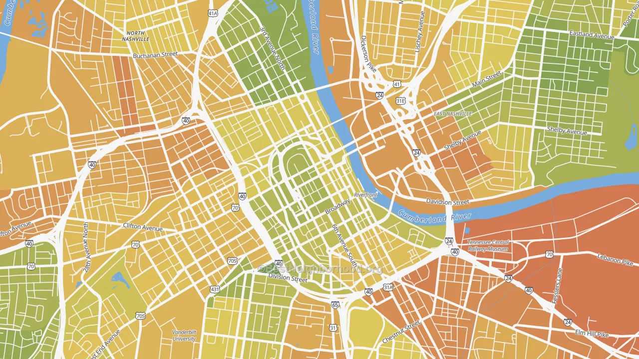 Map of the best neighborhoods in the 37219 area, with better matches in green and worse matches in red