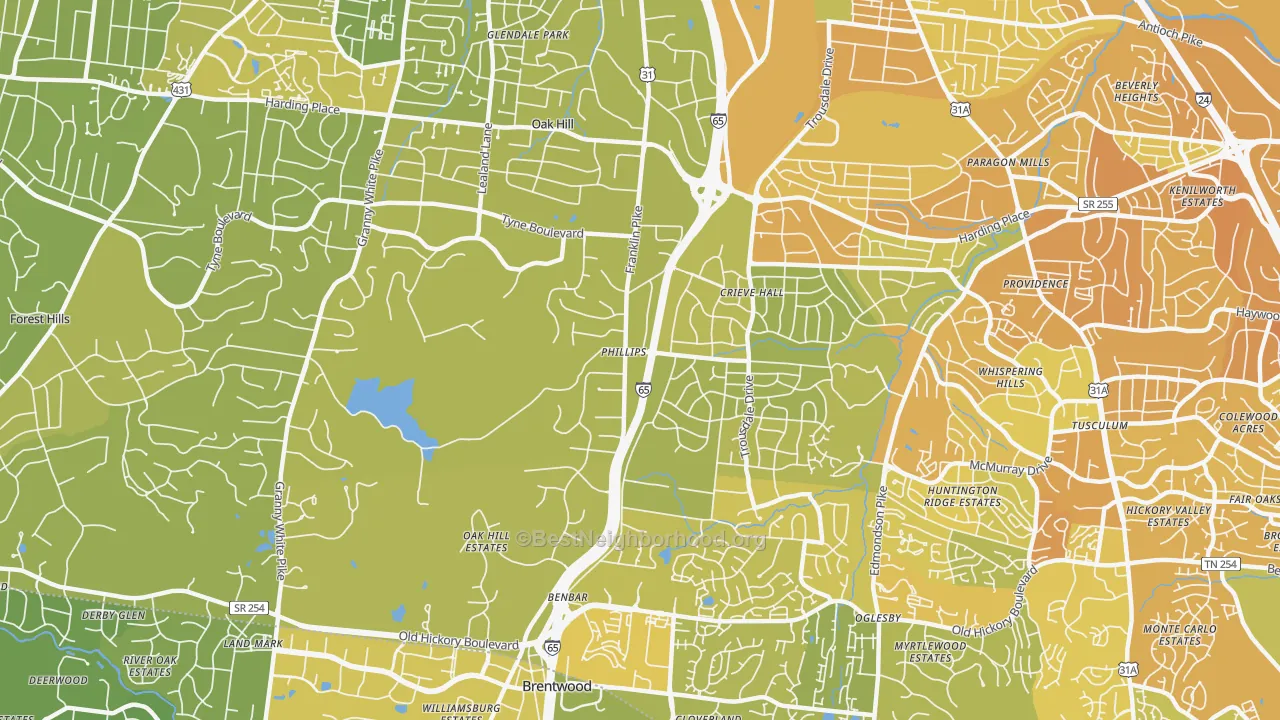 Map of the best neighborhoods in the 37220 area, with better matches in green and worse matches in red