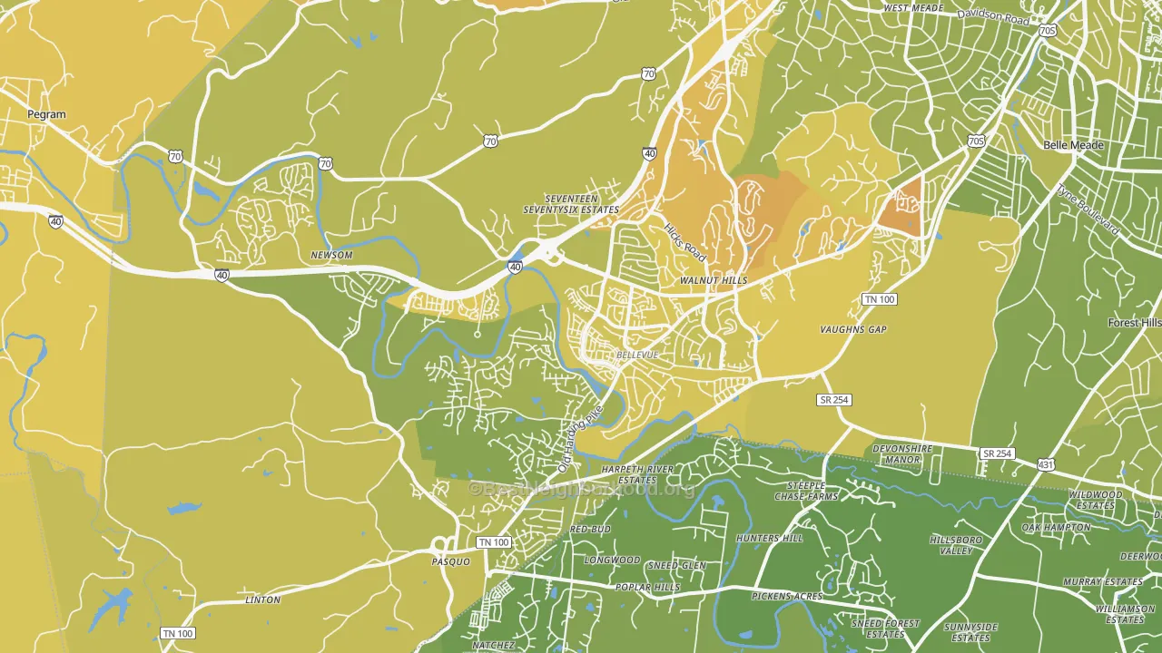 Map of the best neighborhoods in the 37221 area, with better matches in green and worse matches in red