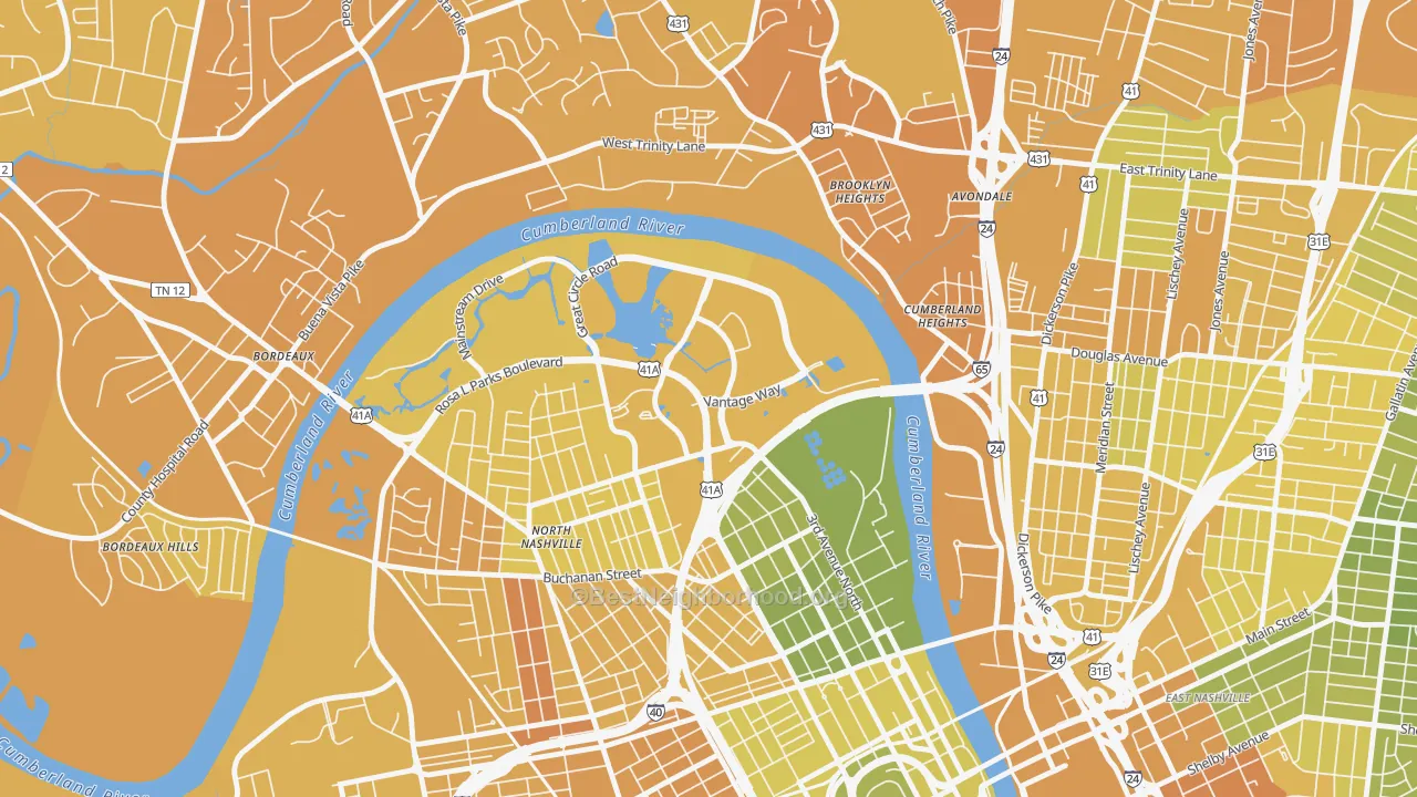 Map of the best neighborhoods in the 37228 area, with better matches in green and worse matches in red
