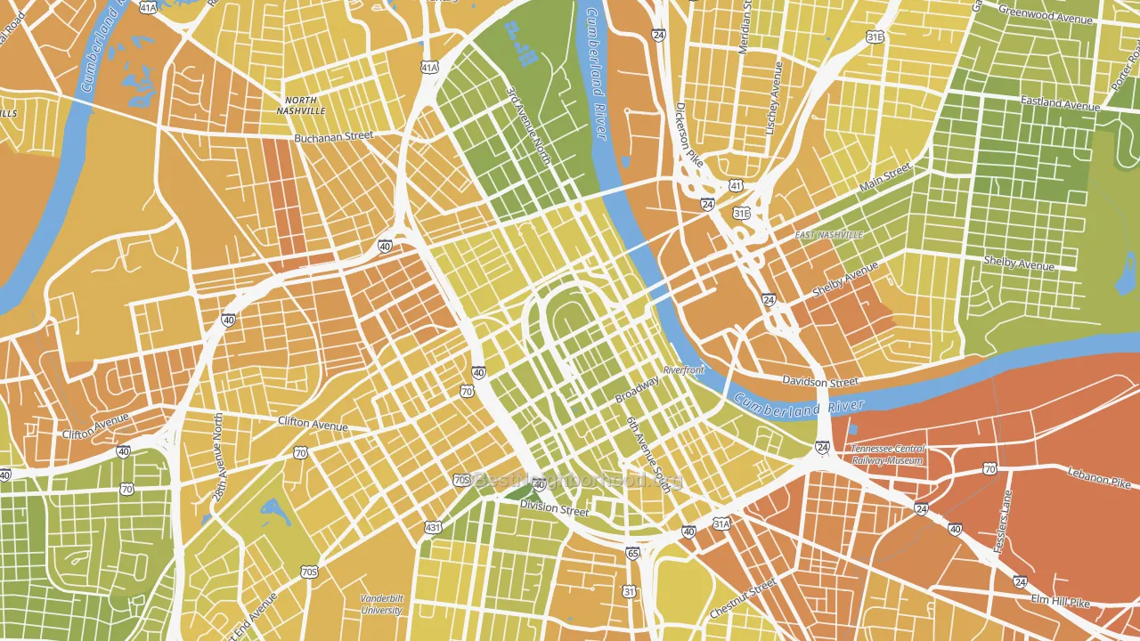 Map of the best neighborhoods in the 37243 area, with better matches in green and worse matches in red