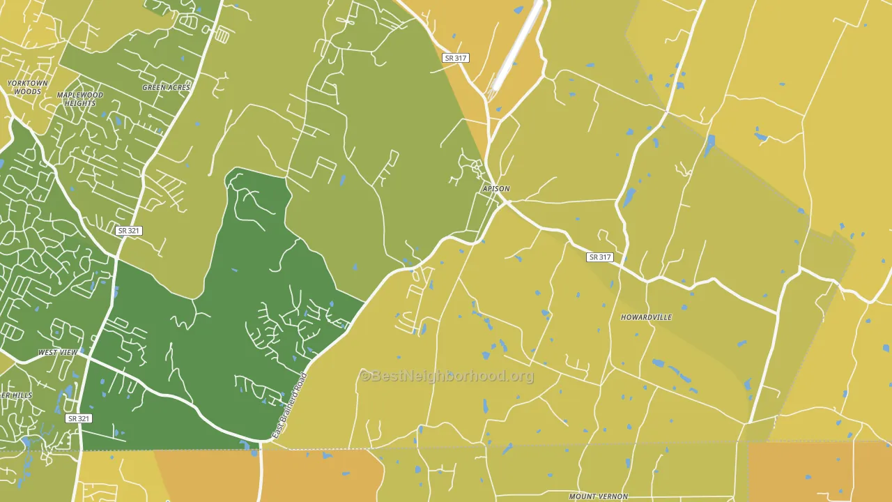 Map of the best neighborhoods in the 37302 area, with better matches in green and worse matches in red