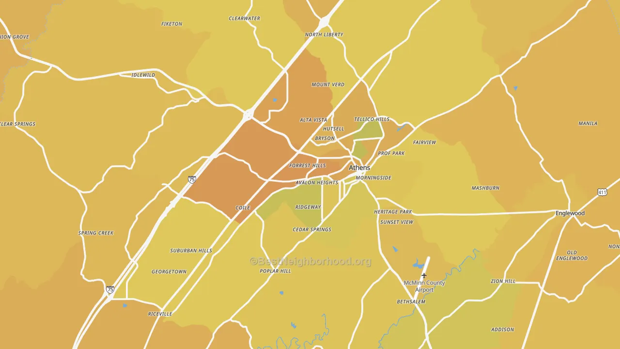 Map of the best neighborhoods in the 37303 area, with better matches in green and worse matches in red