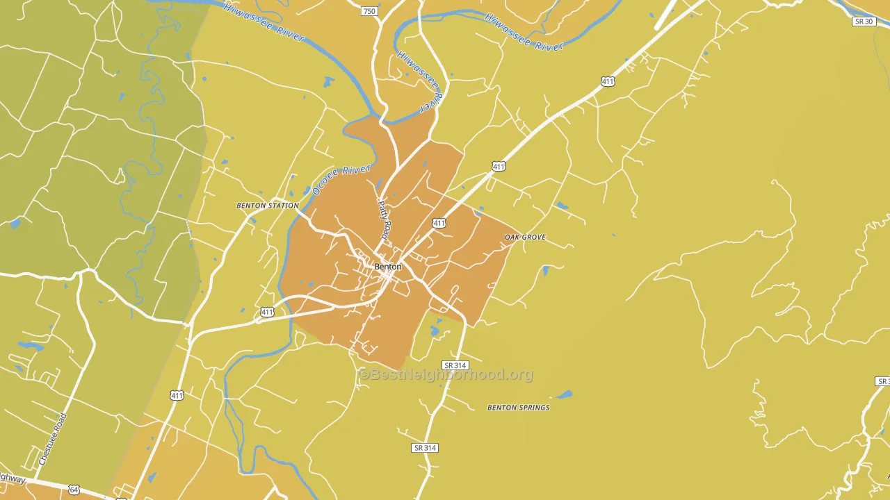 Map of the best neighborhoods in the 37307 area, with better matches in green and worse matches in red