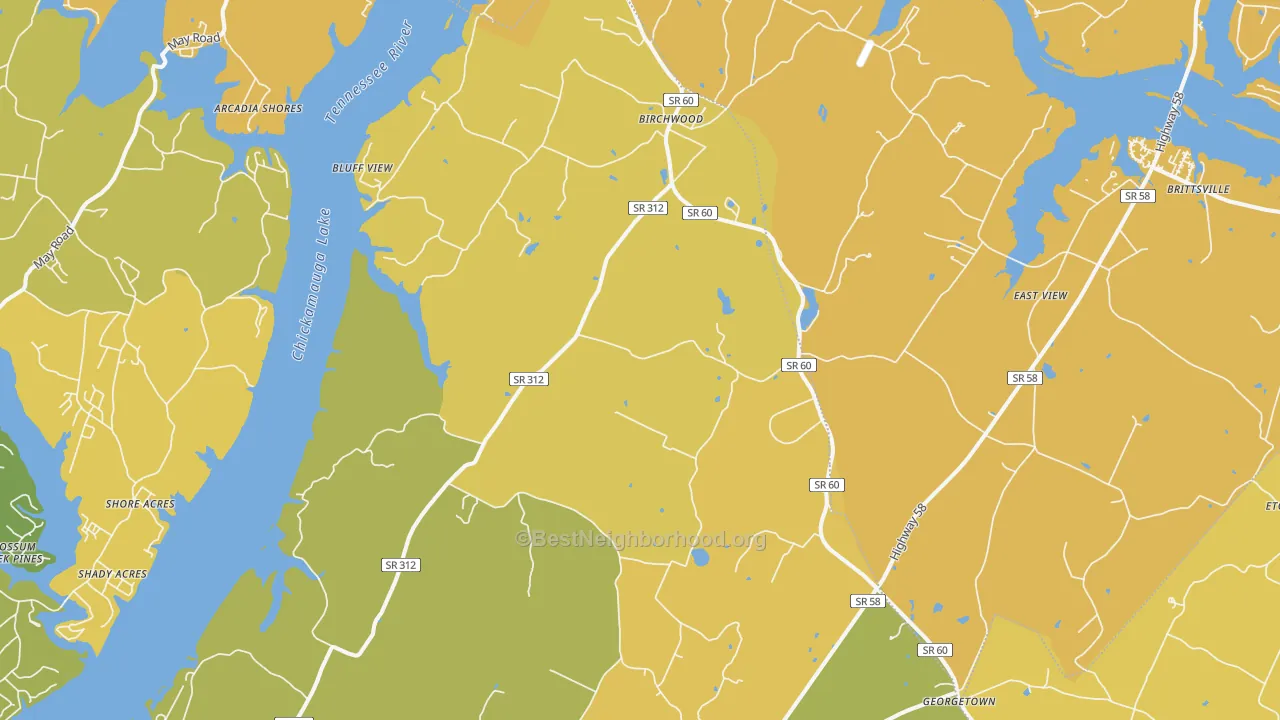 Map of the best neighborhoods in the 37308 area, with better matches in green and worse matches in red