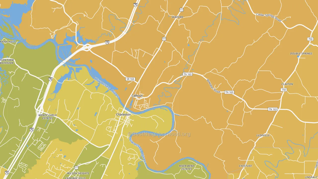 Map of the best neighborhoods in the 37309 area, with better matches in green and worse matches in red