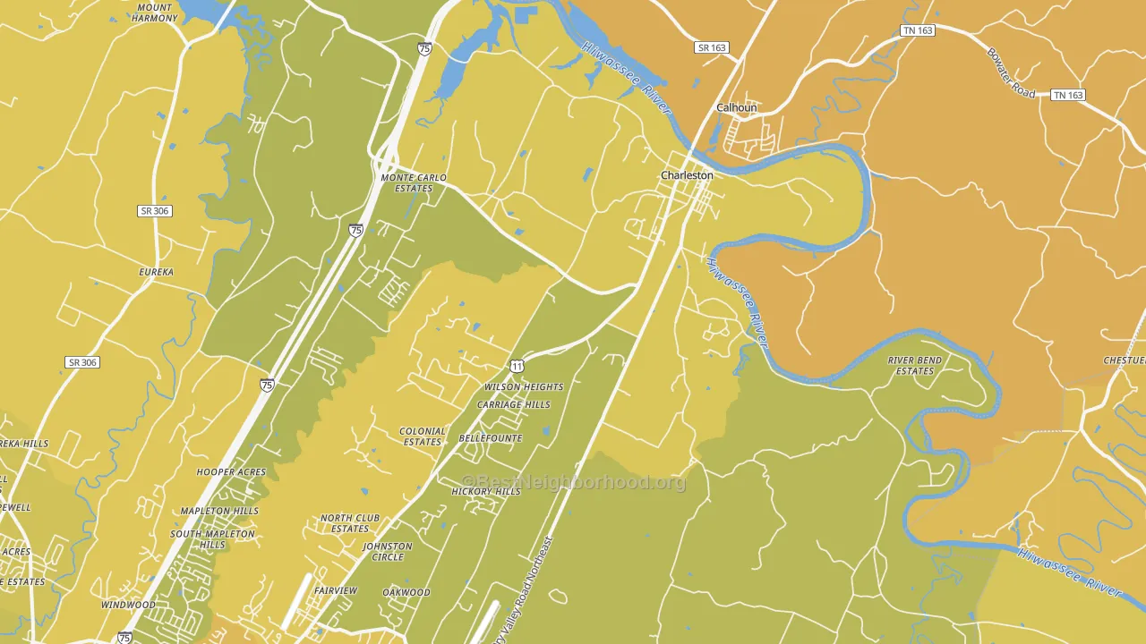 Map of the best neighborhoods in the 37310 area, with better matches in green and worse matches in red