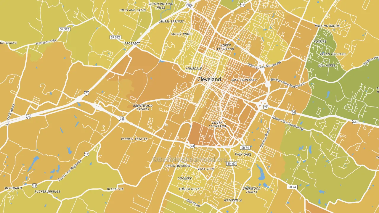 Map of the best neighborhoods in the 37311 area, with better matches in green and worse matches in red
