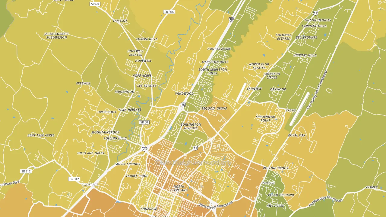 Map of the best neighborhoods in the 37312 area, with better matches in green and worse matches in red