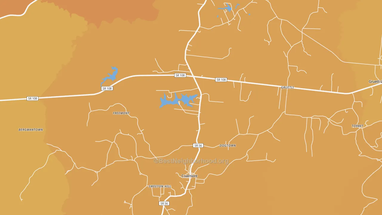 Map of the best neighborhoods in the 37313 area, with better matches in green and worse matches in red