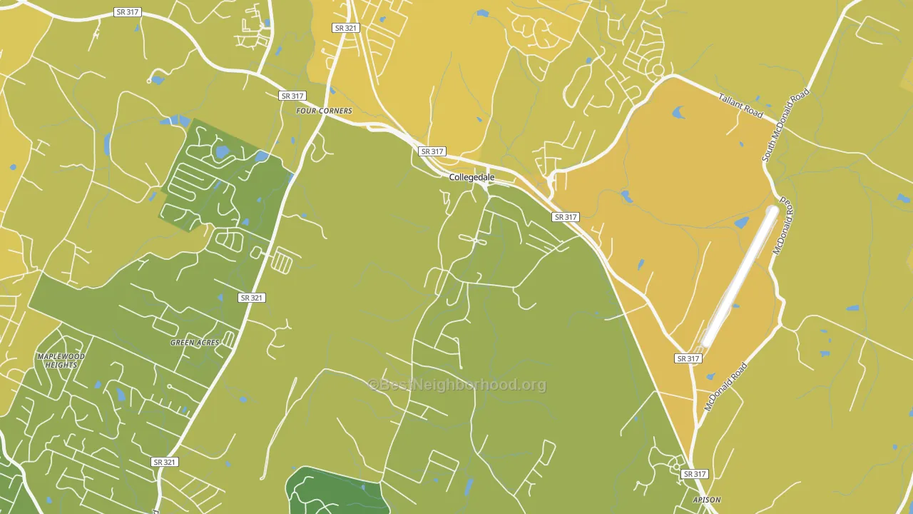 Map of the best neighborhoods in the 37315 area, with better matches in green and worse matches in red