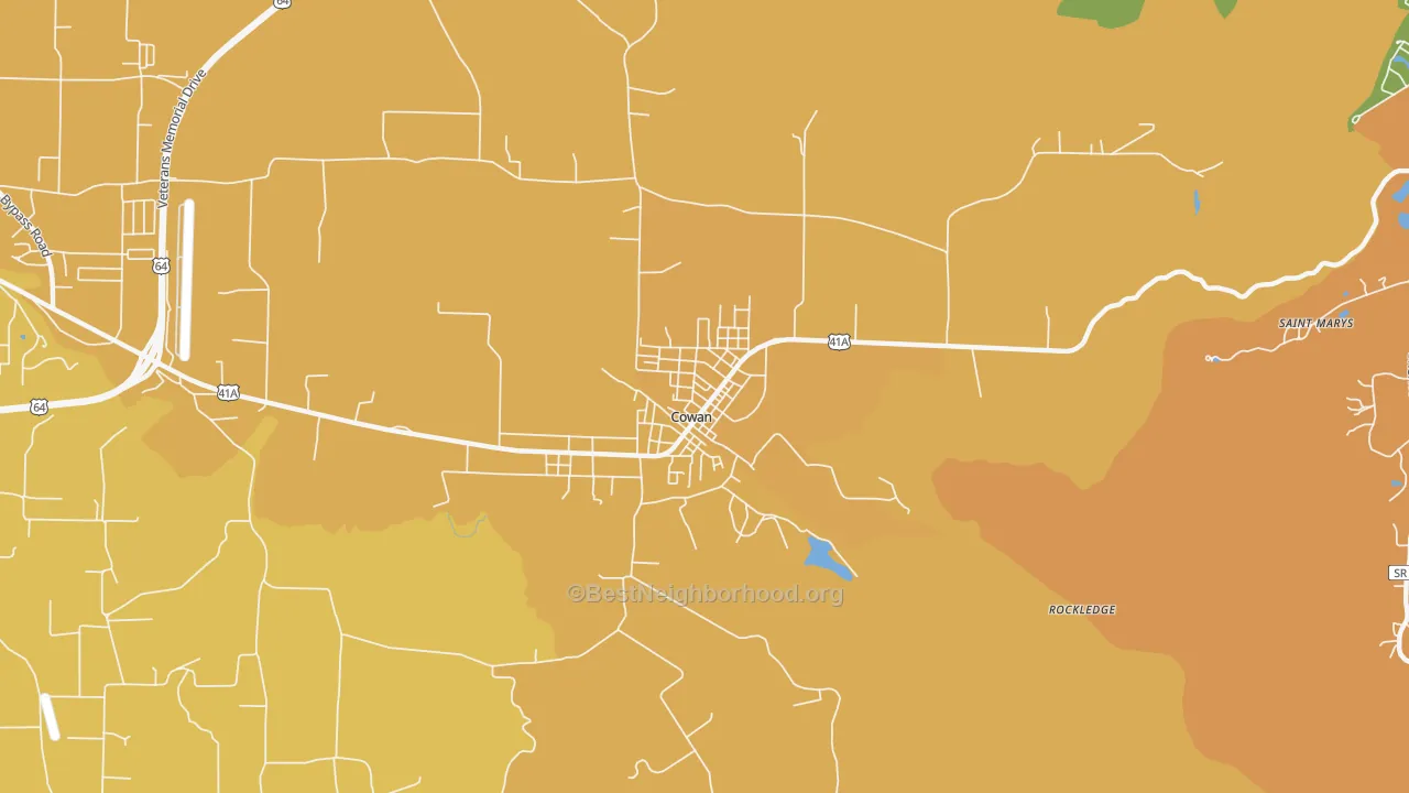 Map of the best neighborhoods in the 37318 area, with better matches in green and worse matches in red
