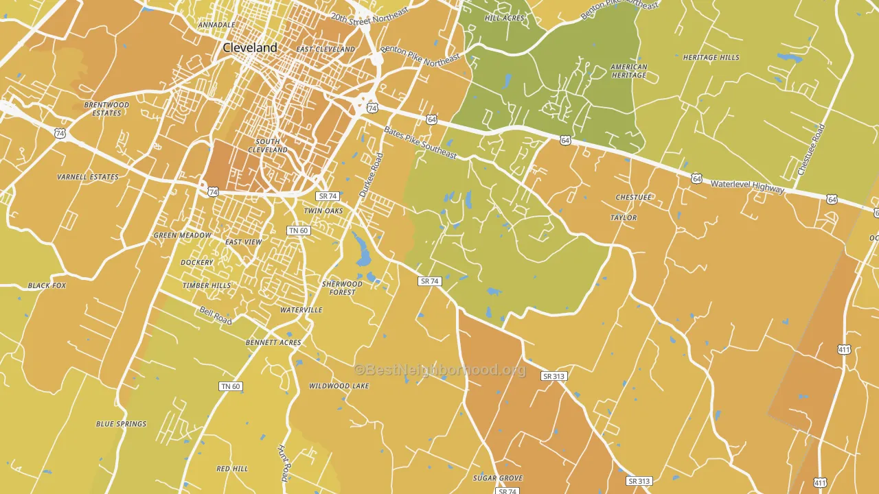 Map of the best neighborhoods in the 37323 area, with better matches in green and worse matches in red
