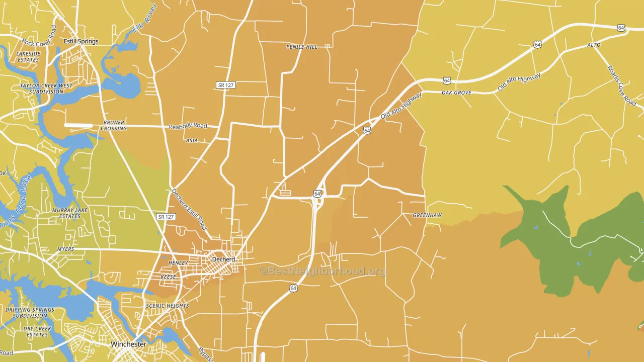 Map of the best neighborhoods in the 37324 area, with better matches in green and worse matches in red