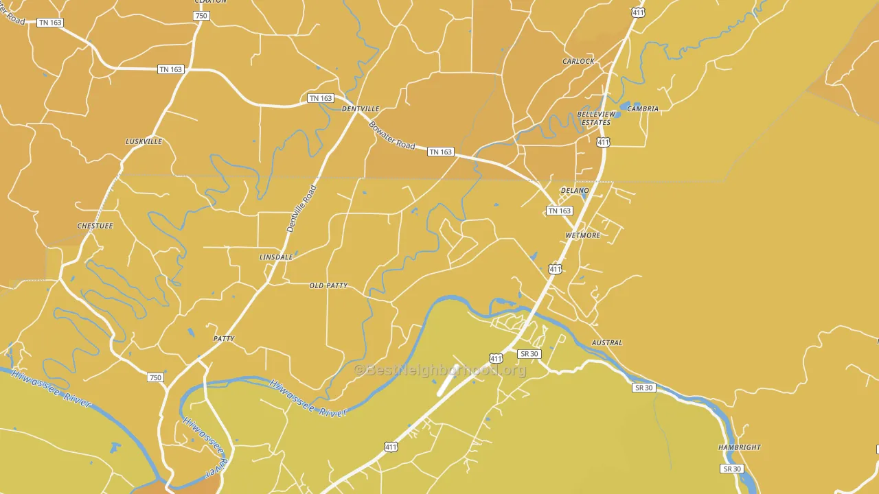 Map of the best neighborhoods in the 37325 area, with better matches in green and worse matches in red