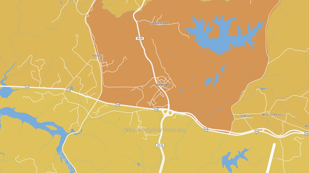 Map of the best neighborhoods in the 37326 area, with better matches in green and worse matches in red