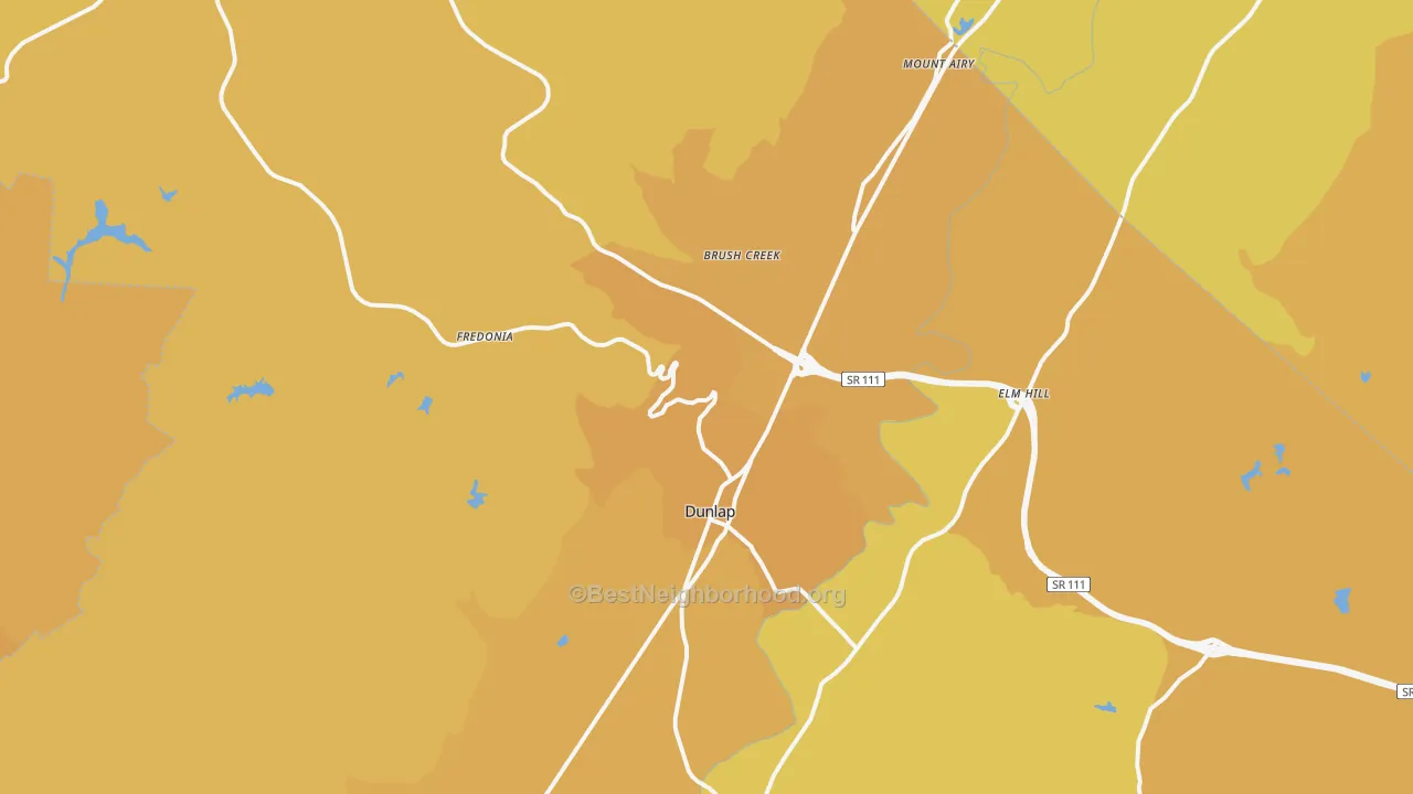 Map of the best neighborhoods in the 37327 area, with better matches in green and worse matches in red