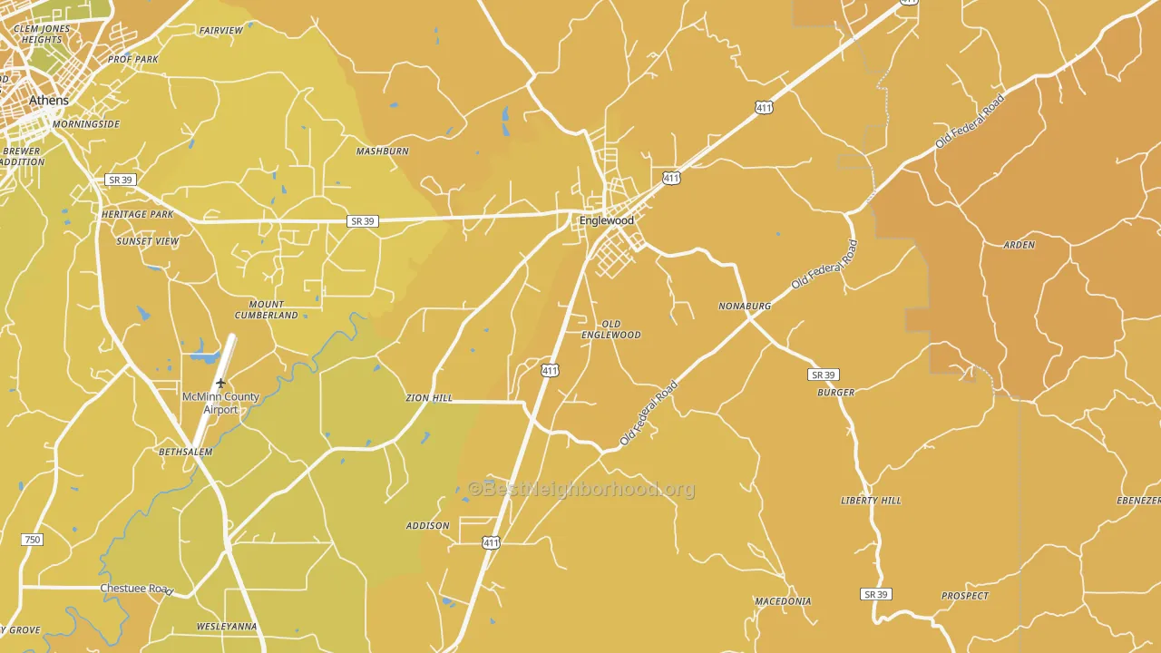 Map of the best neighborhoods in the 37329 area, with better matches in green and worse matches in red