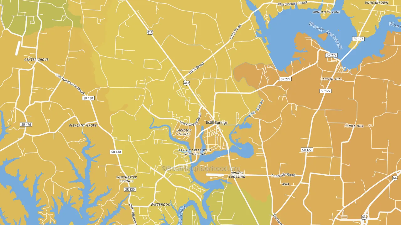 Map of the best neighborhoods in the 37330 area, with better matches in green and worse matches in red