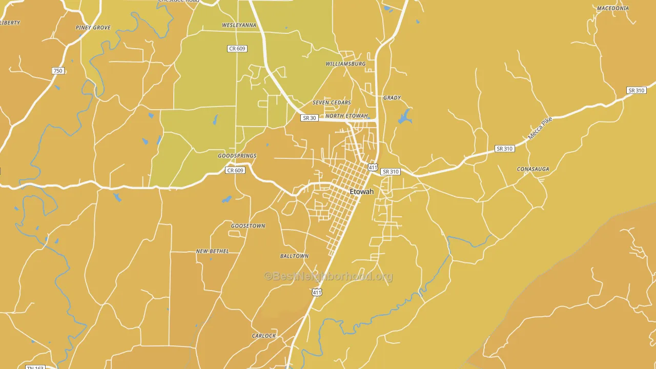Map of the best neighborhoods in the 37331 area, with better matches in green and worse matches in red