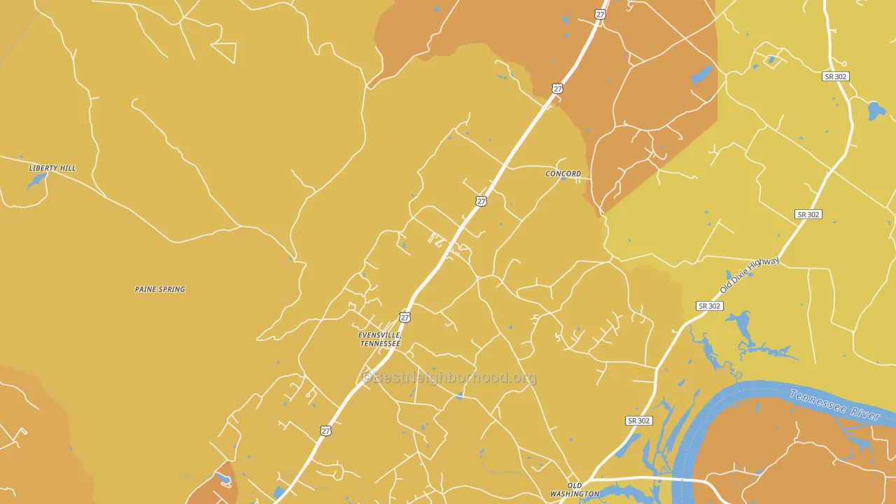 Map of the best neighborhoods in the 37332 area, with better matches in green and worse matches in red