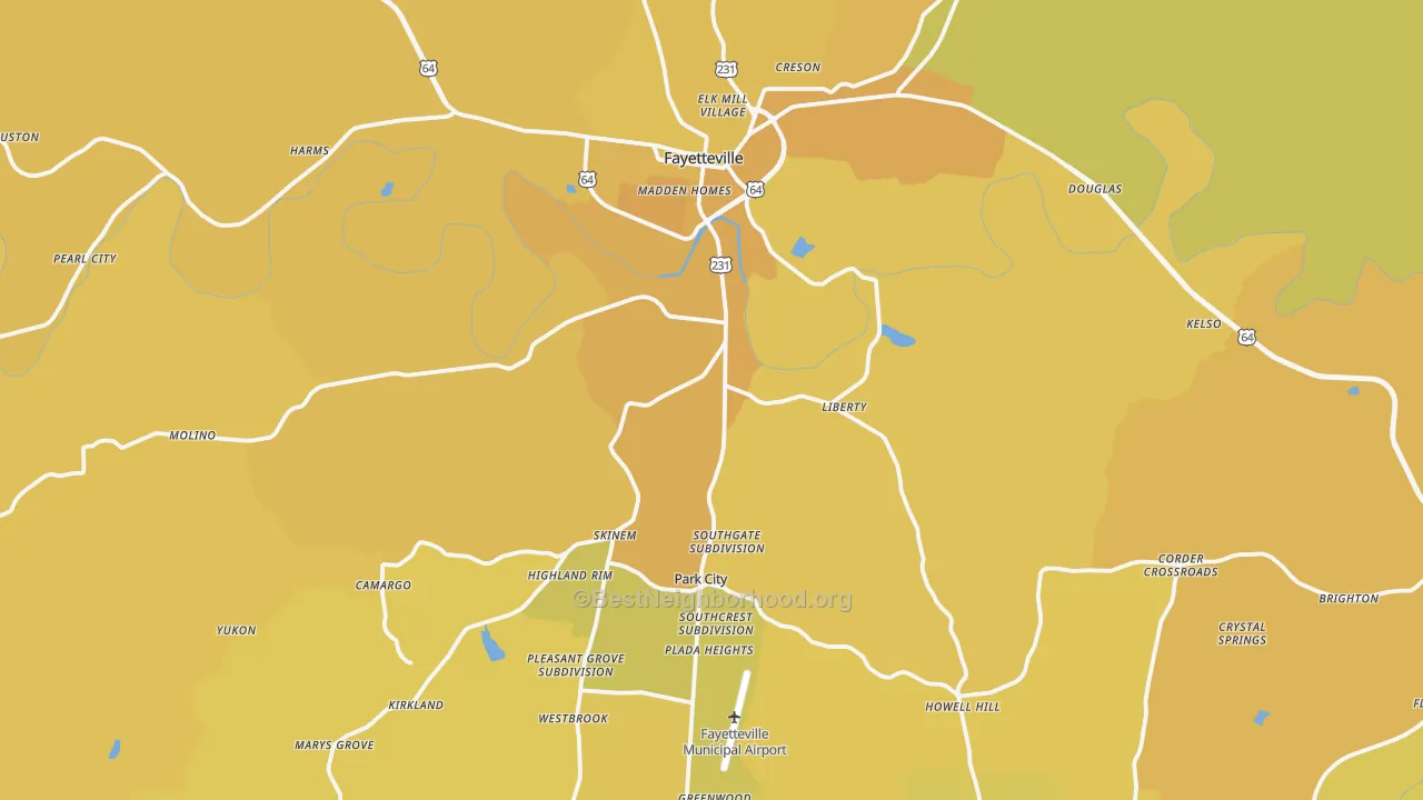 Map of the best neighborhoods in the 37334 area, with better matches in green and worse matches in red