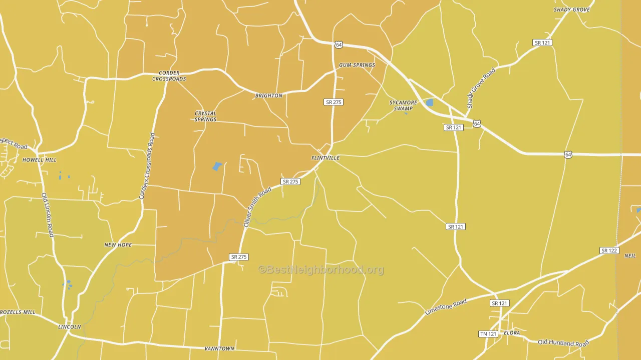 Map of the best neighborhoods in the 37335 area, with better matches in green and worse matches in red