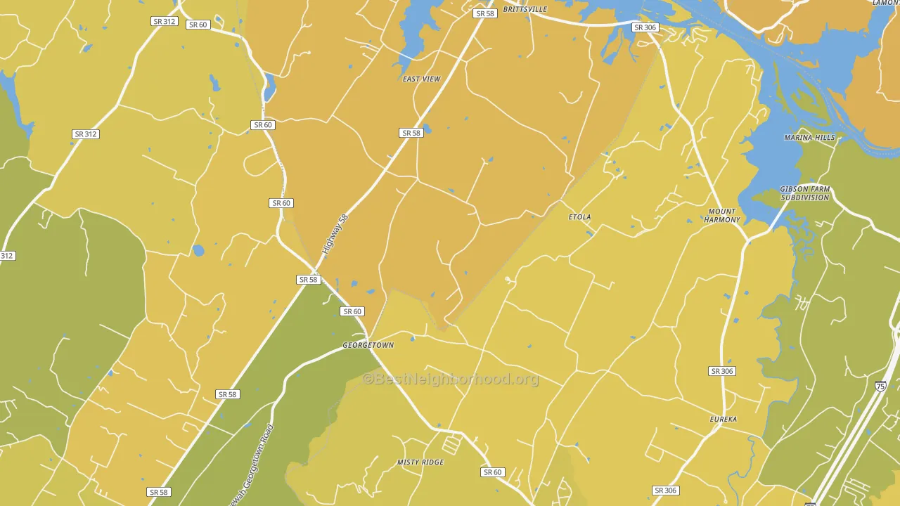 Map of the best neighborhoods in the 37336 area, with better matches in green and worse matches in red