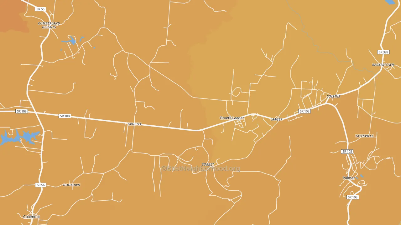 Map of the best neighborhoods in the 37339 area, with better matches in green and worse matches in red