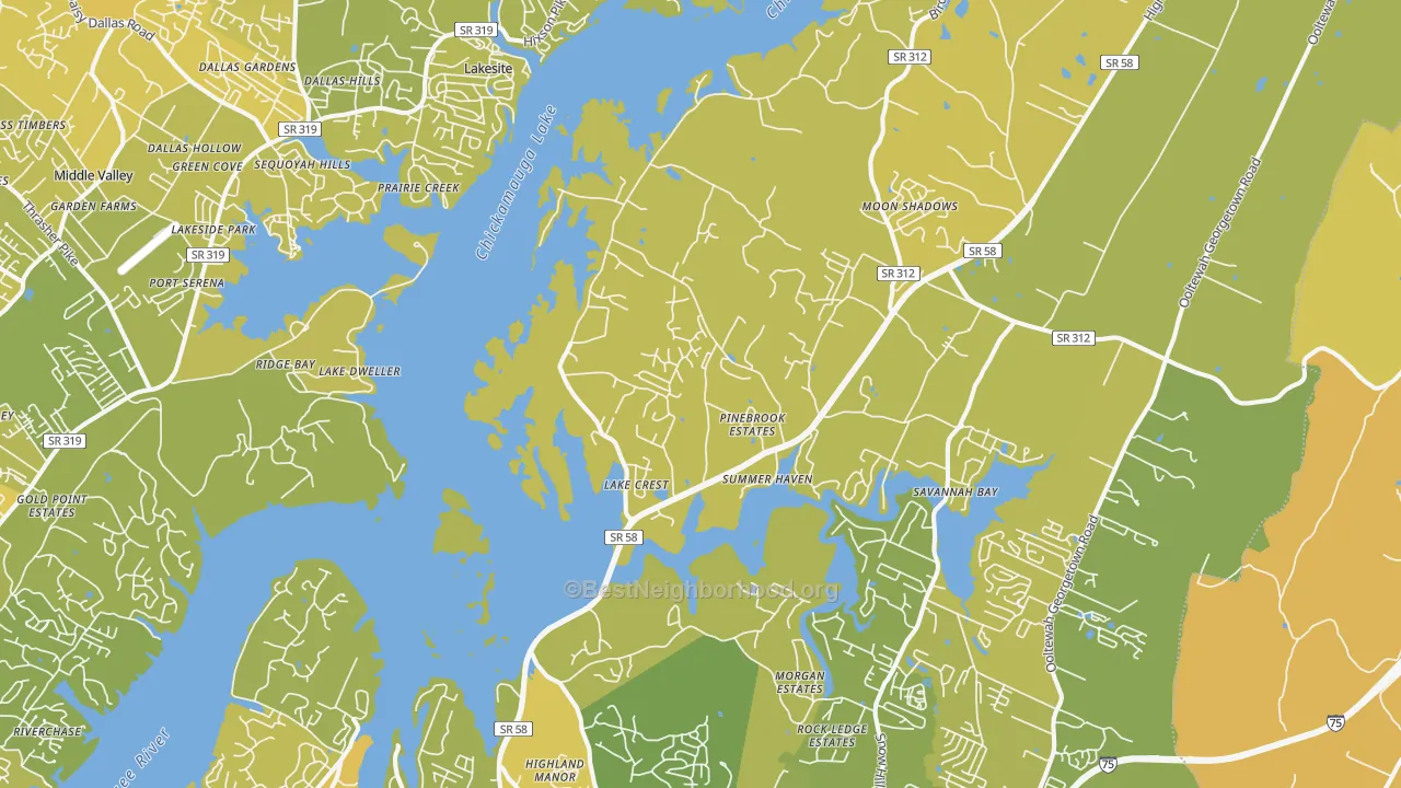 Map of the best neighborhoods in the 37341 area, with better matches in green and worse matches in red