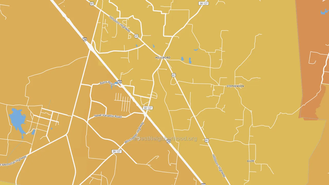 Map of the best neighborhoods in the 37342 area, with better matches in green and worse matches in red