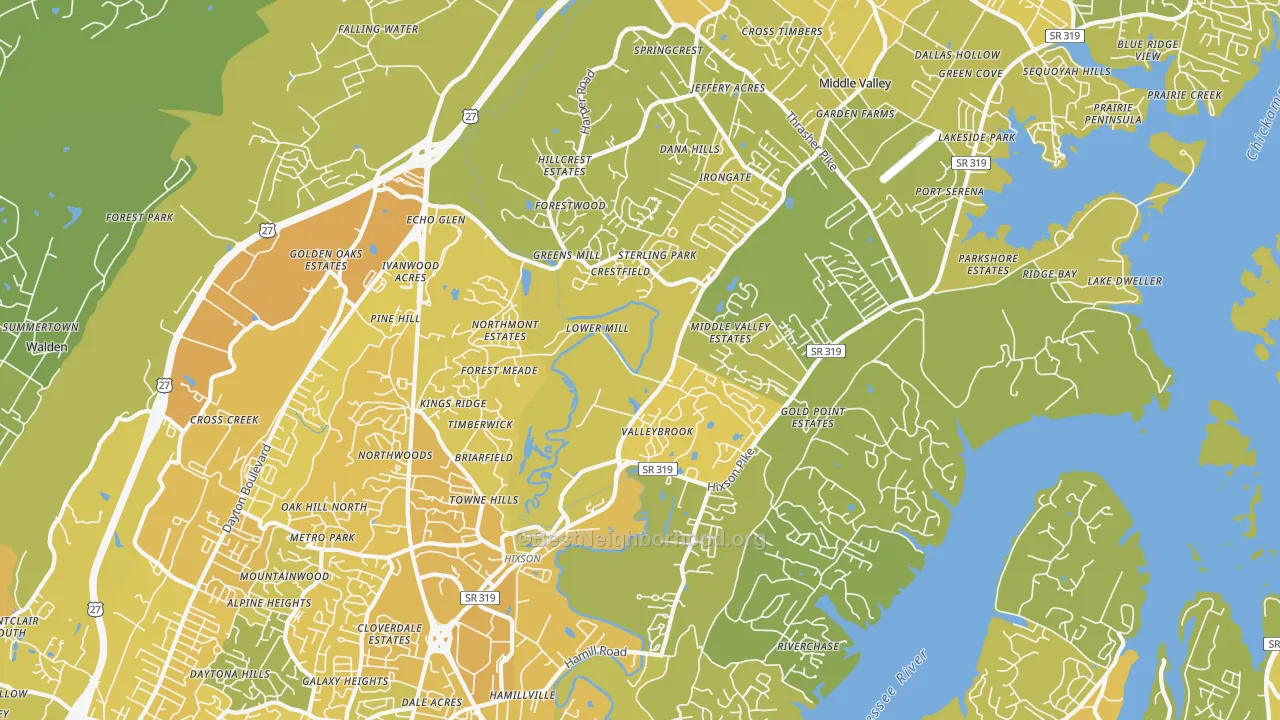 Map of the best neighborhoods in the 37343 area, with better matches in green and worse matches in red