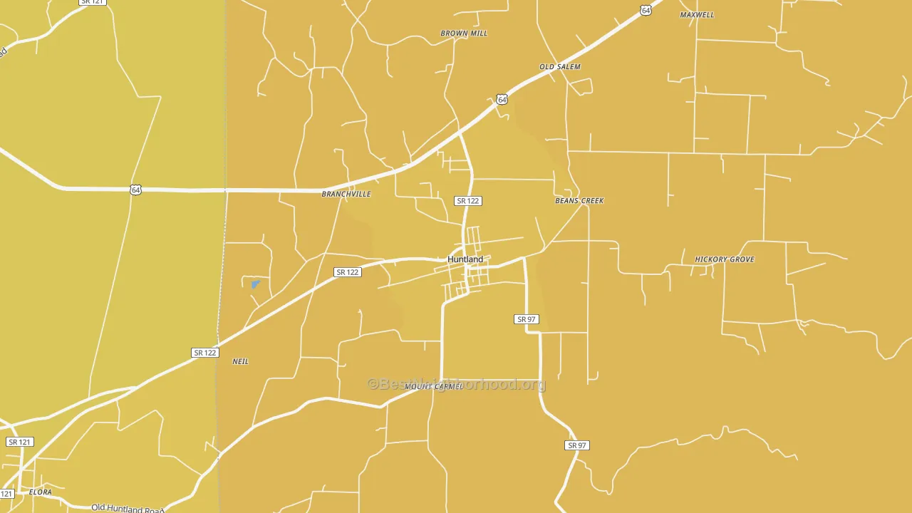Map of the best neighborhoods in the 37345 area, with better matches in green and worse matches in red