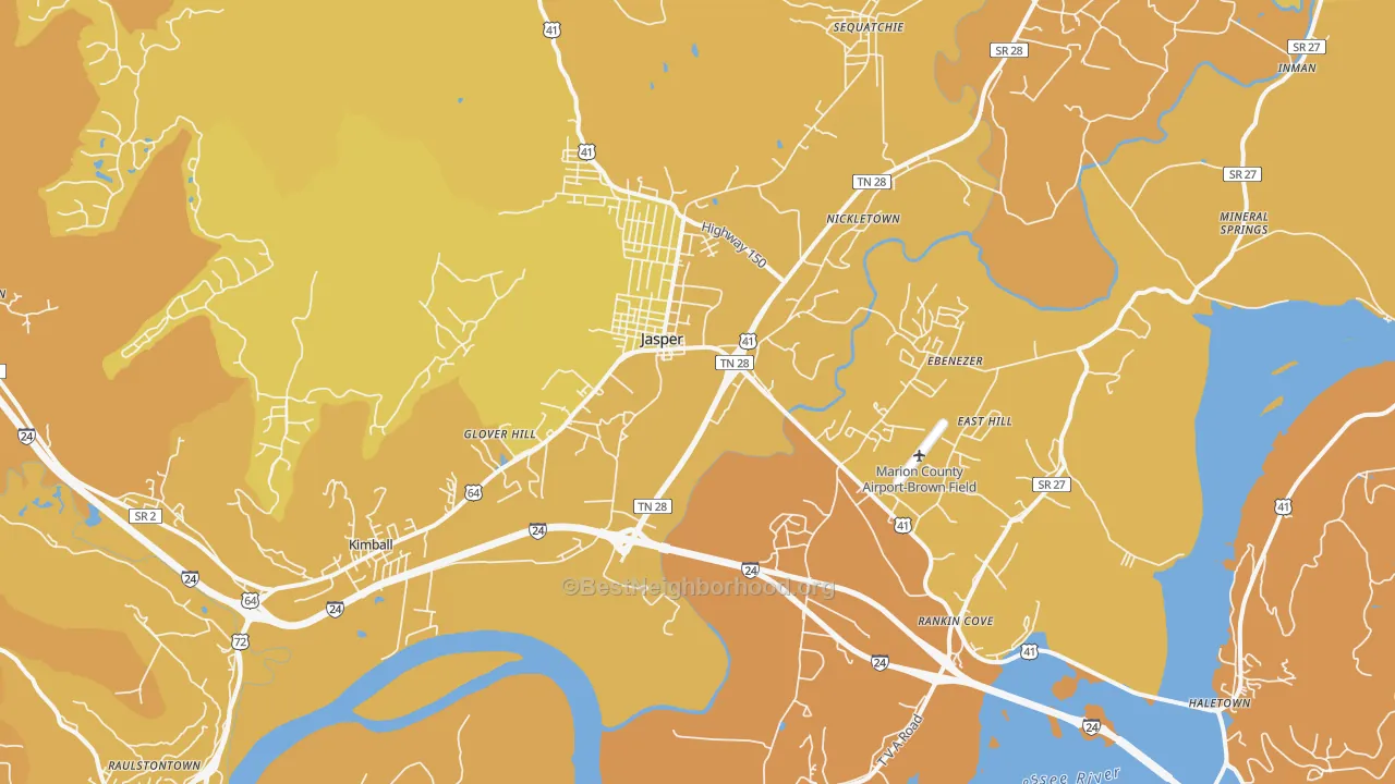 Map of the best neighborhoods in the 37347 area, with better matches in green and worse matches in red