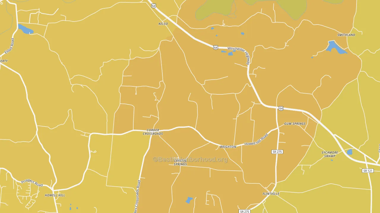 Map of the best neighborhoods in the 37348 area, with better matches in green and worse matches in red