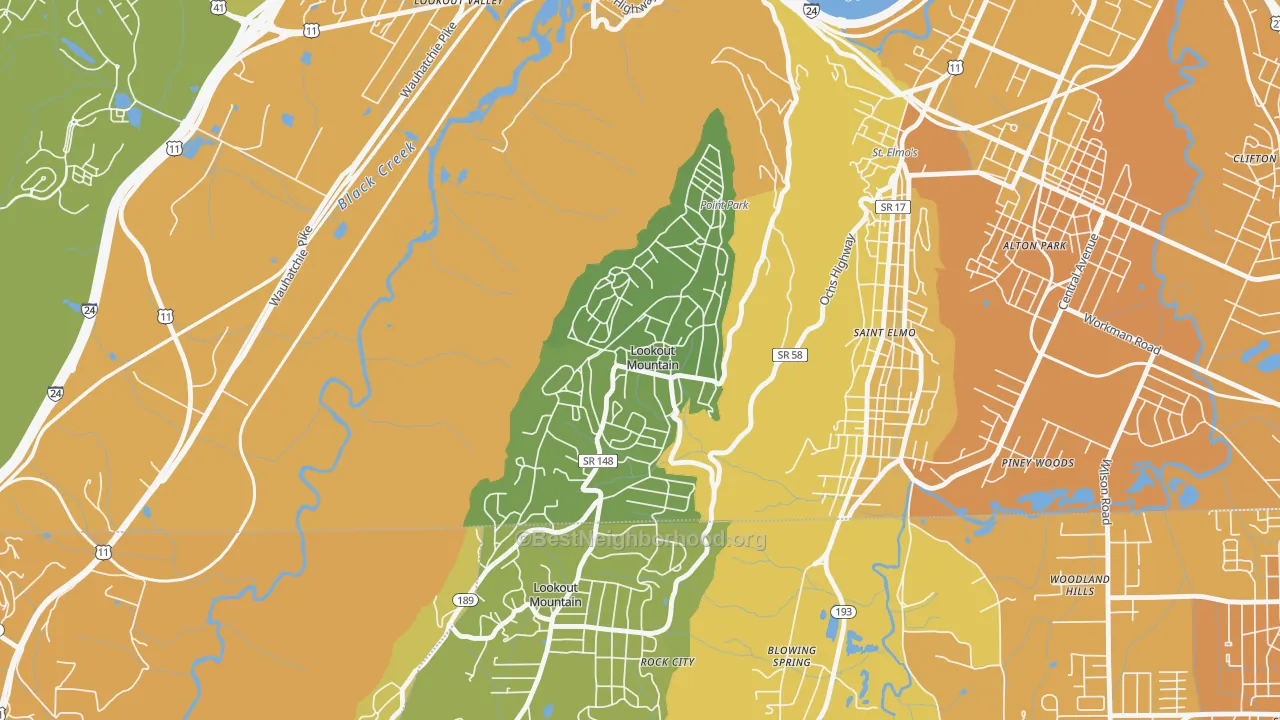 Map of the best neighborhoods in the 37350 area, with better matches in green and worse matches in red