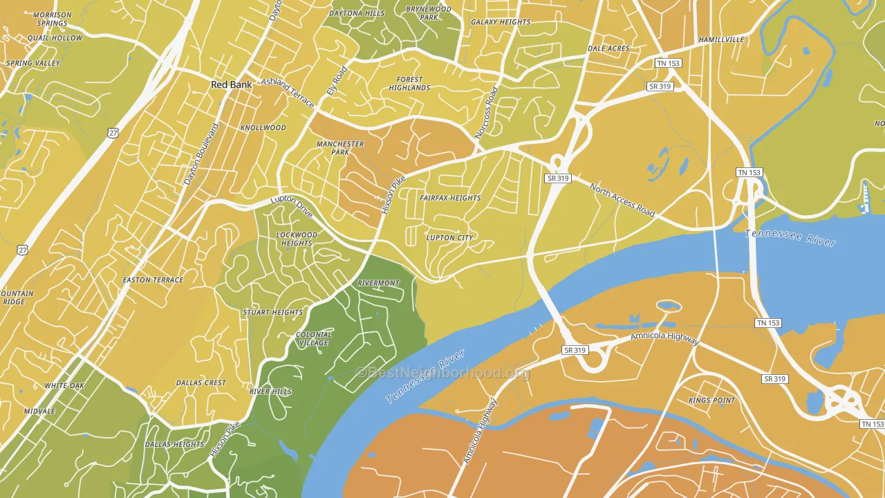 Map of the best neighborhoods in the 37351 area, with better matches in green and worse matches in red