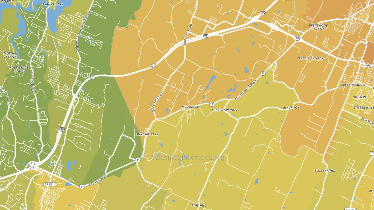 Map of the best neighborhoods in the 37353 area, with better matches in green and worse matches in red