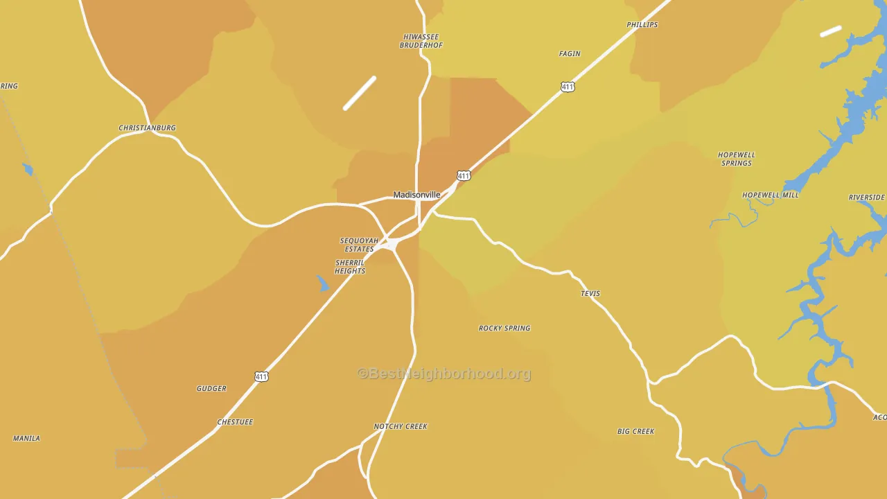 Map of the best neighborhoods in the 37354 area, with better matches in green and worse matches in red