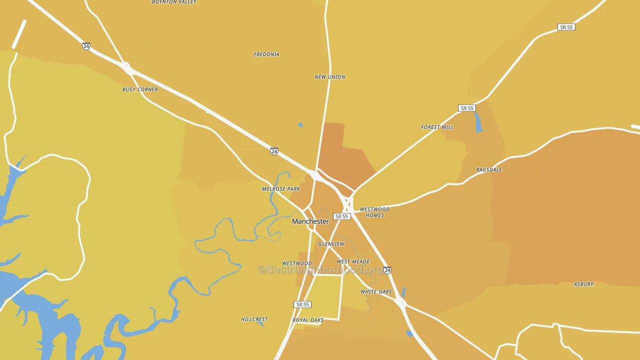 Map of the best neighborhoods in the 37355 area, with better matches in green and worse matches in red