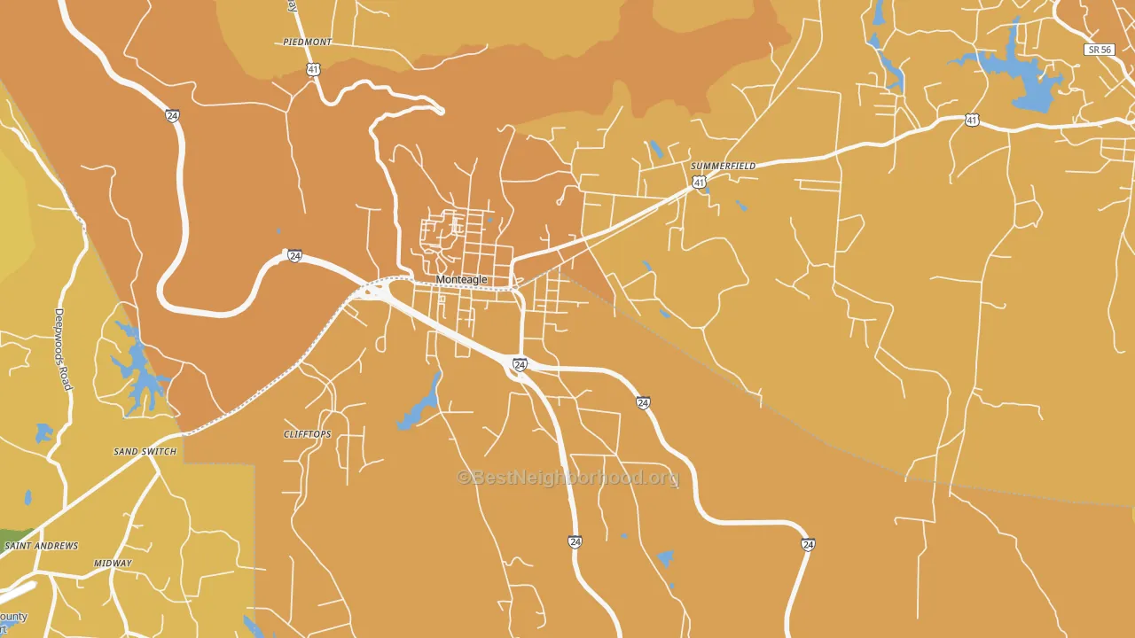 Map of the best neighborhoods in the 37356 area, with better matches in green and worse matches in red