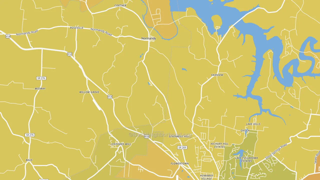 Map of the best neighborhoods in the 37360 area, with better matches in green and worse matches in red