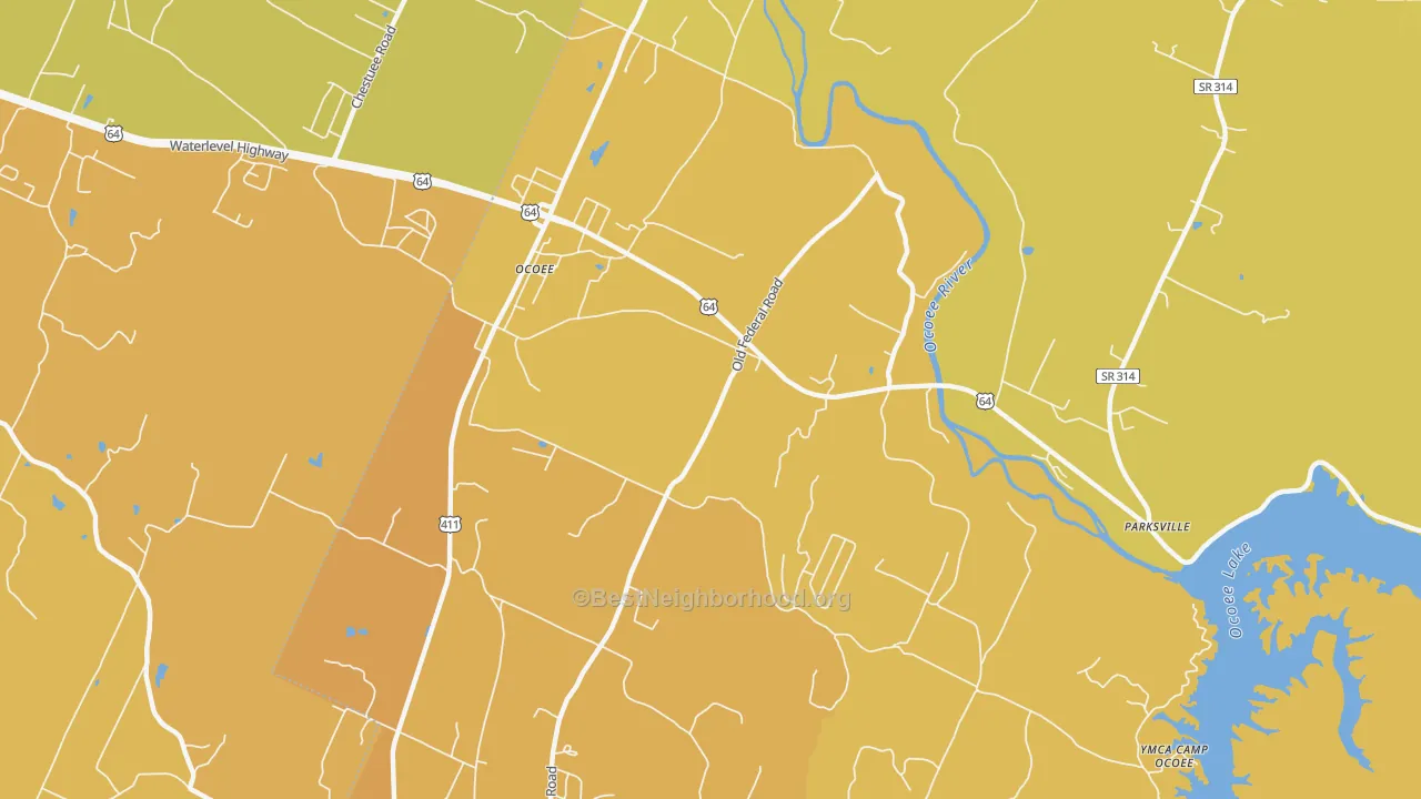 Map of the best neighborhoods in the 37361 area, with better matches in green and worse matches in red