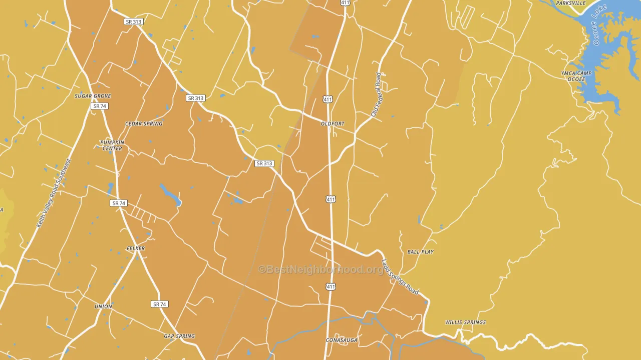 Map of the best neighborhoods in the 37362 area, with better matches in green and worse matches in red