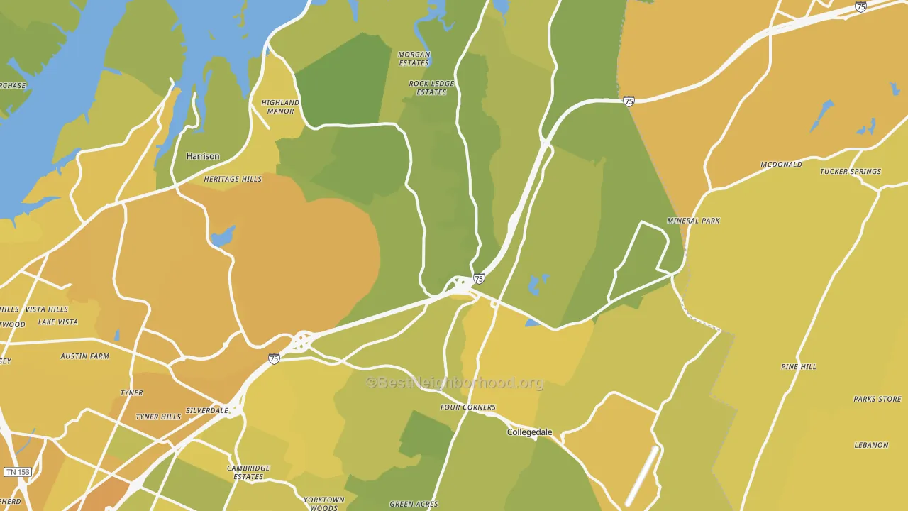 Map of the best neighborhoods in the 37363 area, with better matches in green and worse matches in red